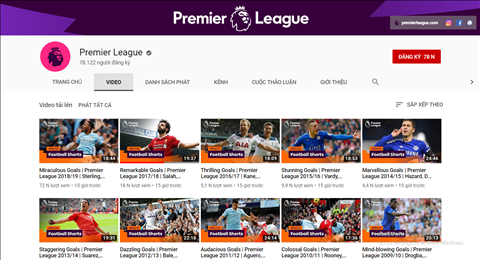 Địa chỉ kênh Youtube của giải Premier League Ngoại hạng Anh